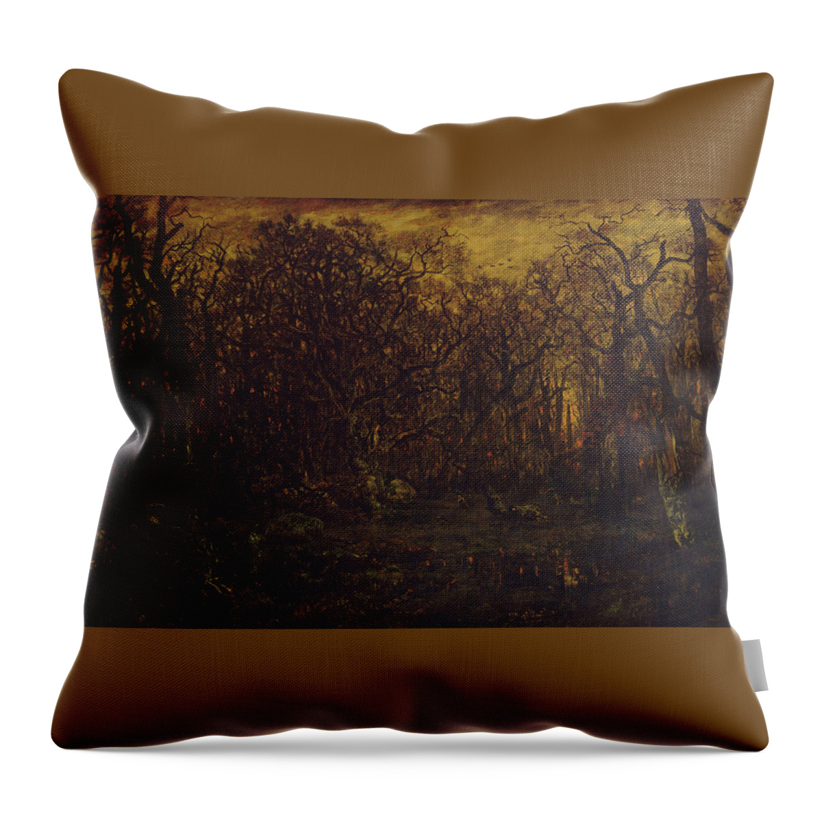 The Forest In Winter At Sunset Throw Pillow featuring the painting The Forest in Winter at Sunset by Theodore Rousseau