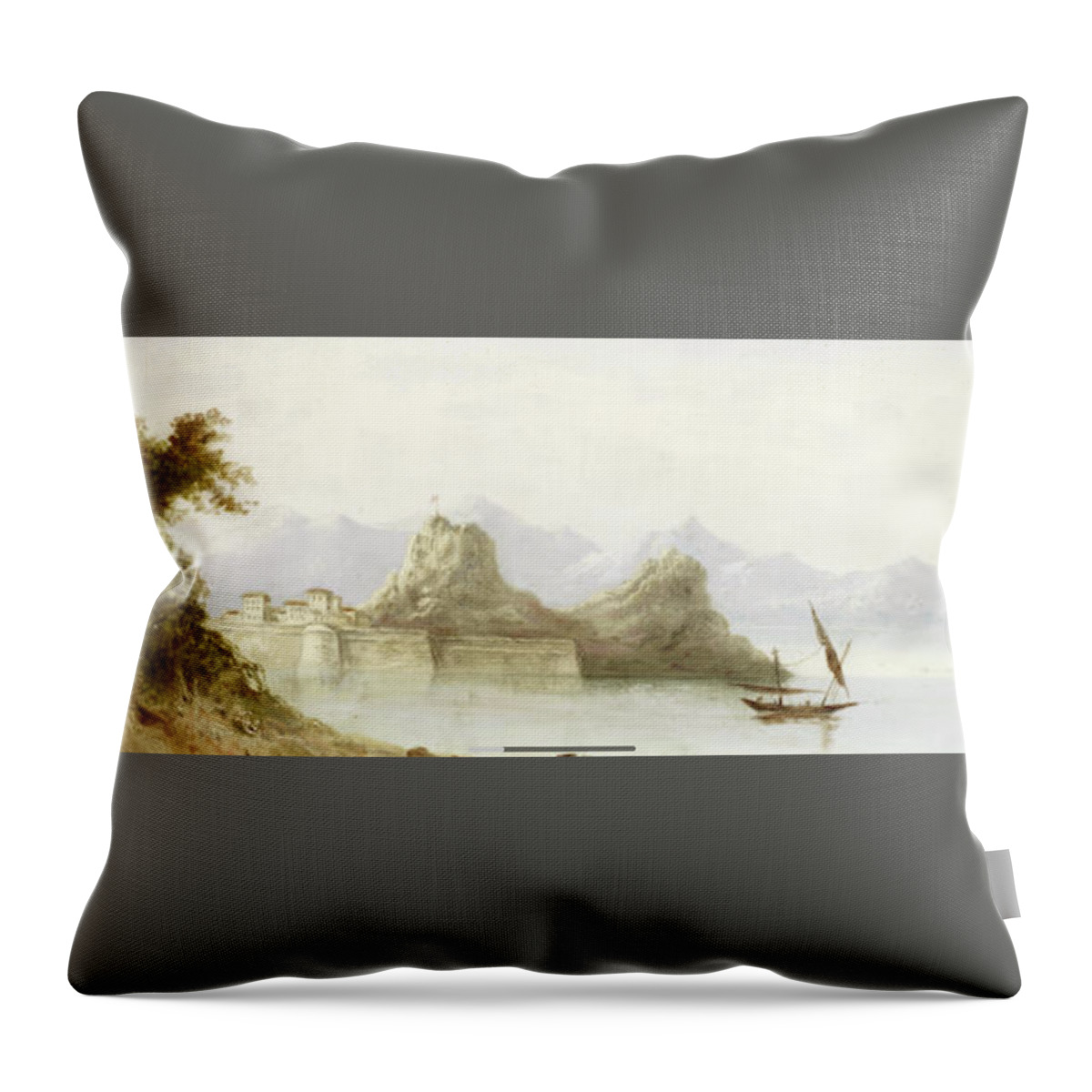 English School 19th Century The Old Fortress Of Corfu Throw Pillow featuring the painting The Old Fortress of Corfu by MotionAge Designs