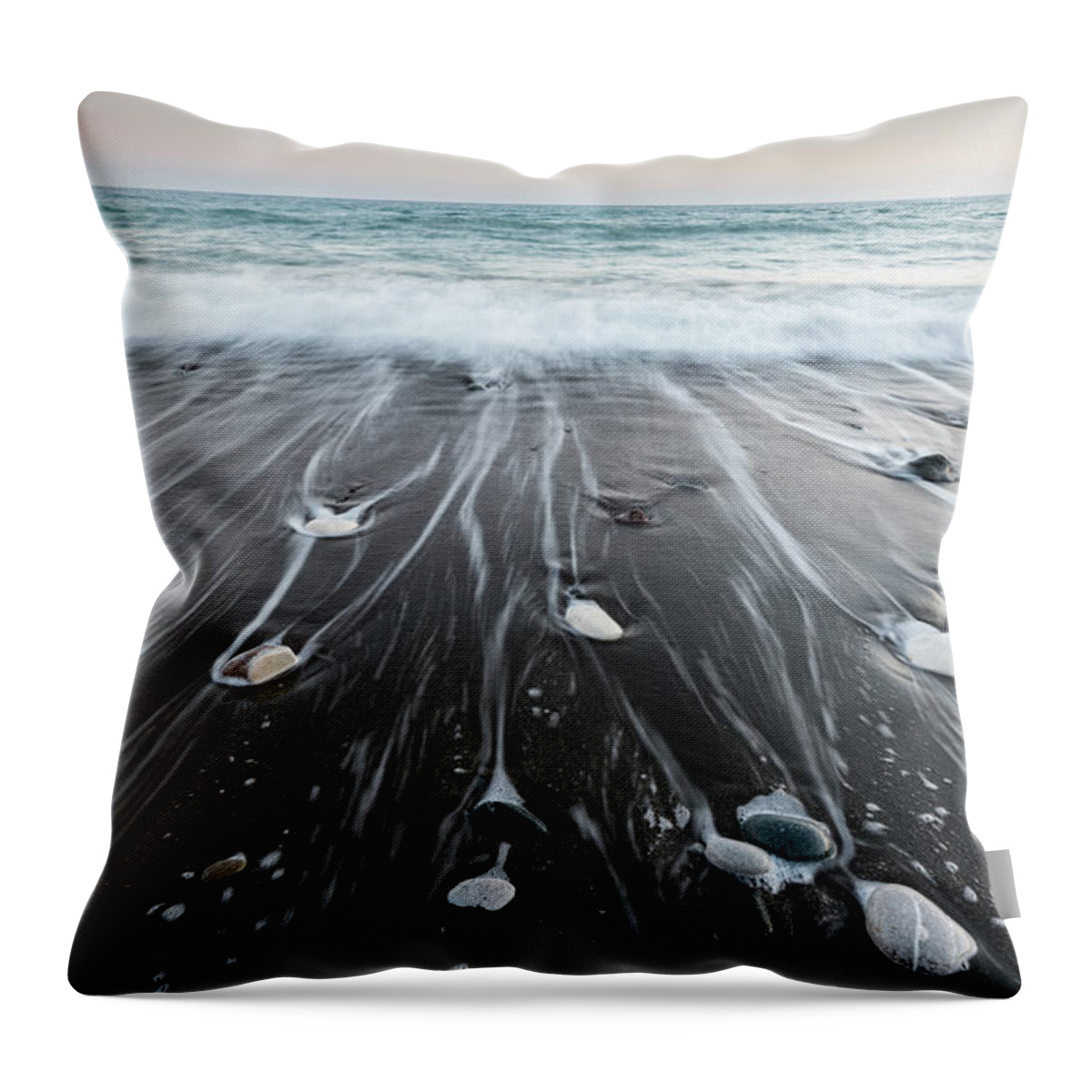 Seascape Throw Pillow featuring the photograph Pebbles in the beach and flowing sea water by Michalakis Ppalis