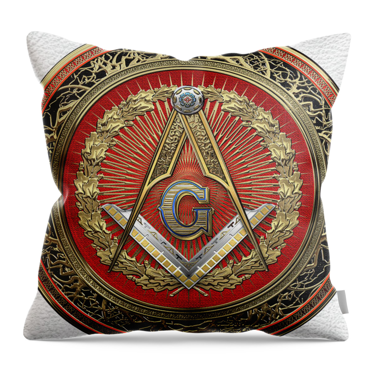 Ancient Brotherhoods Collection By Serge Averbukh Throw Pillow featuring the digital art 3rd Degree Mason Gold Jewel - Master Mason Square and Compasses over White Leather by Serge Averbukh