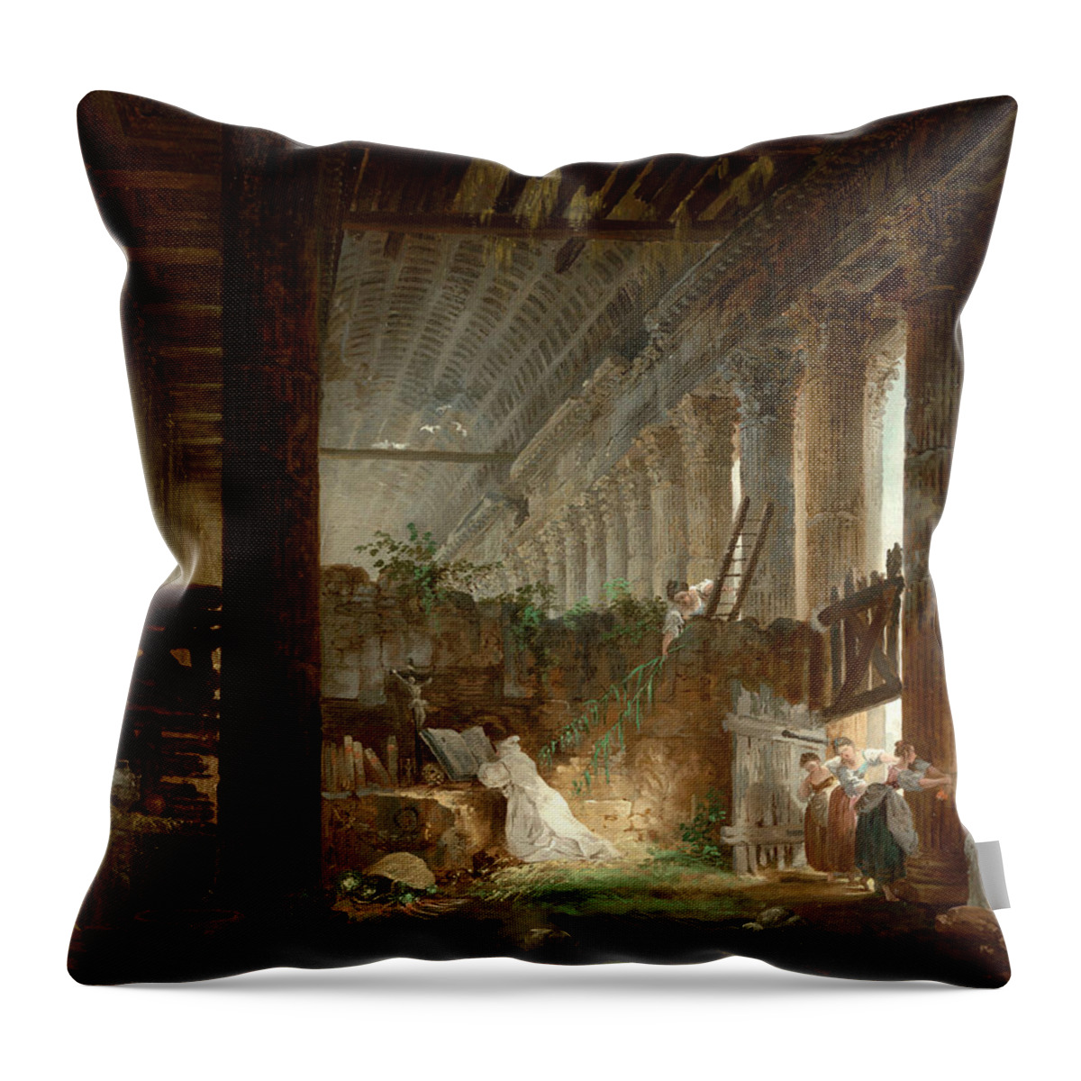 Hubert Robert Throw Pillow featuring the painting A Hermit Praying in the Ruins of a Roman Temple by Hubert Robert