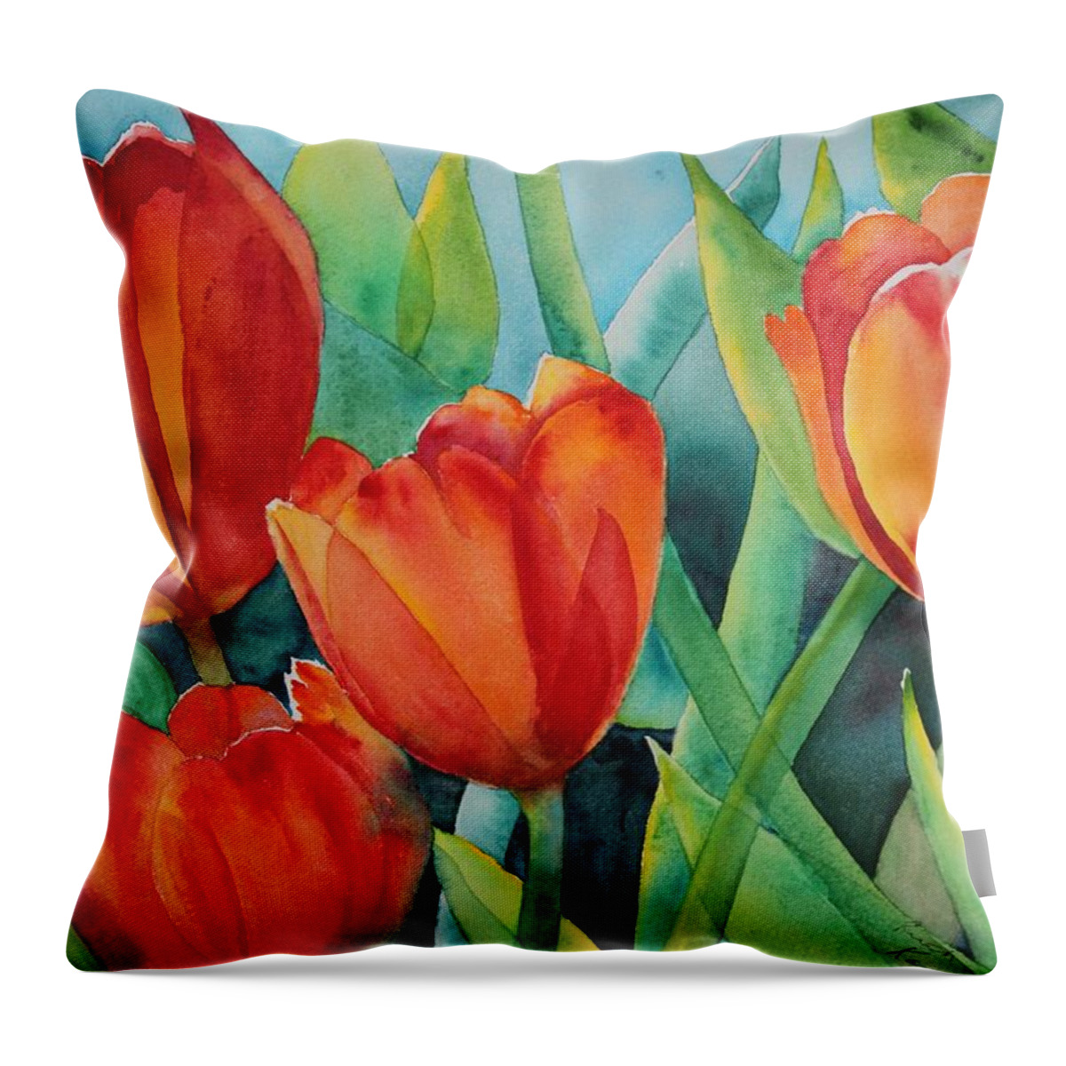Red Flowers Throw Pillow featuring the painting 4 Red Tulips by Ruth Kamenev