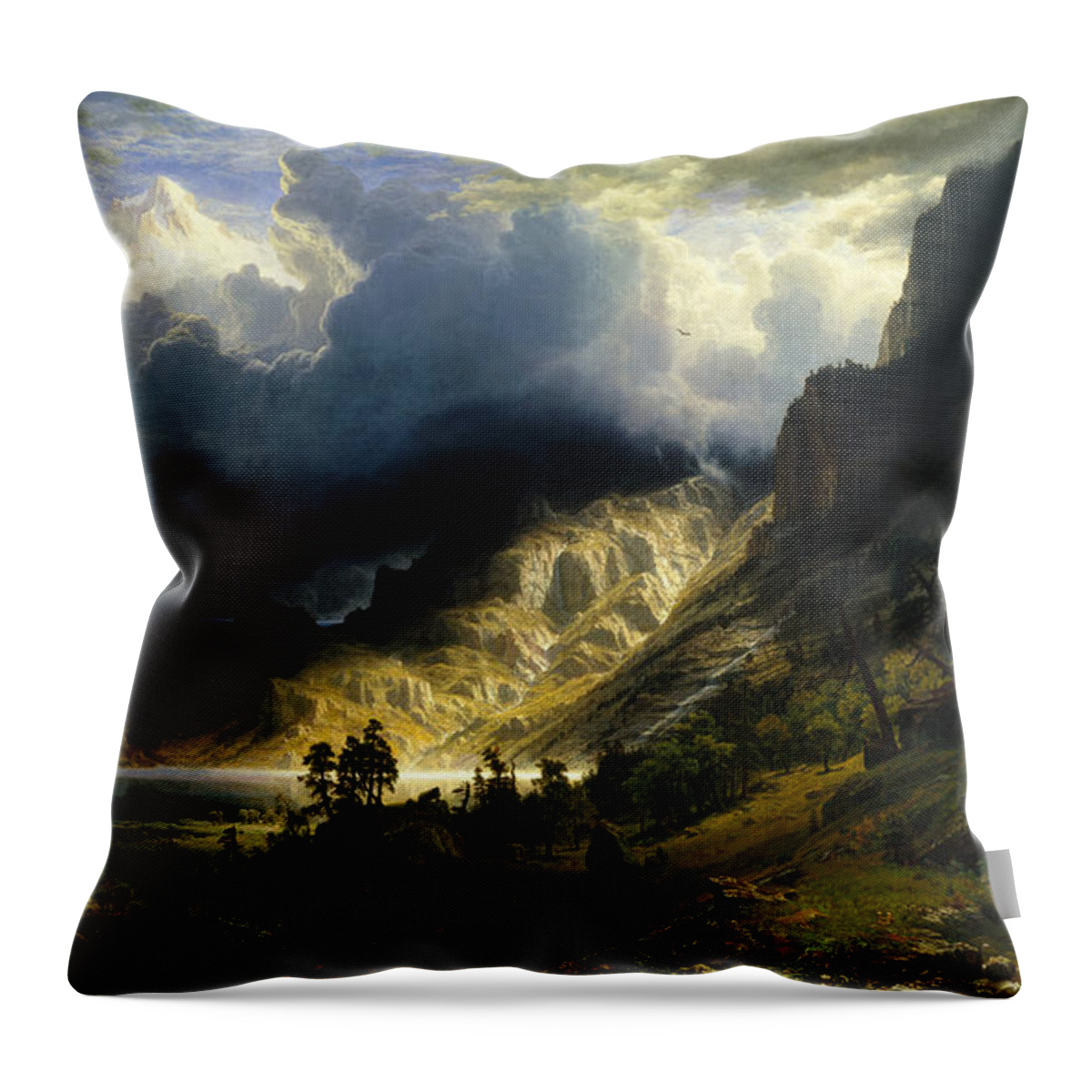 A Storm In The Rocky Mountains Throw Pillow featuring the painting A Storm in the Rocky Mountains by Albert Bierstadt