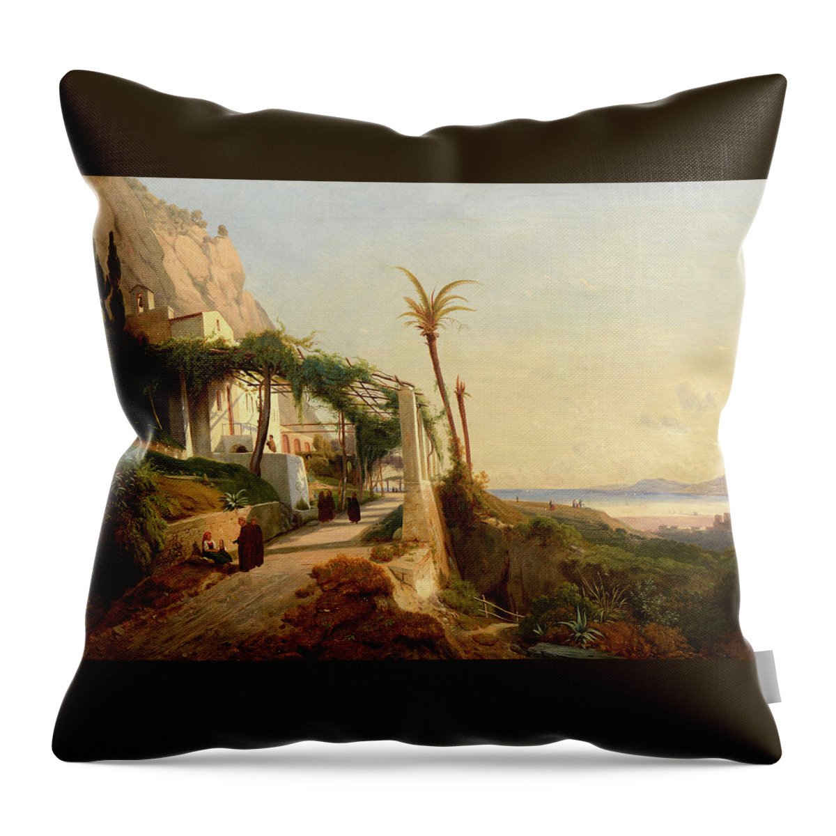 Auguste Lapito (1803-1874) Paysage De La Côte Amalfitaine Avec Des Moines Toile Rentoilée Throw Pillow featuring the painting Paysage by MotionAge Designs
