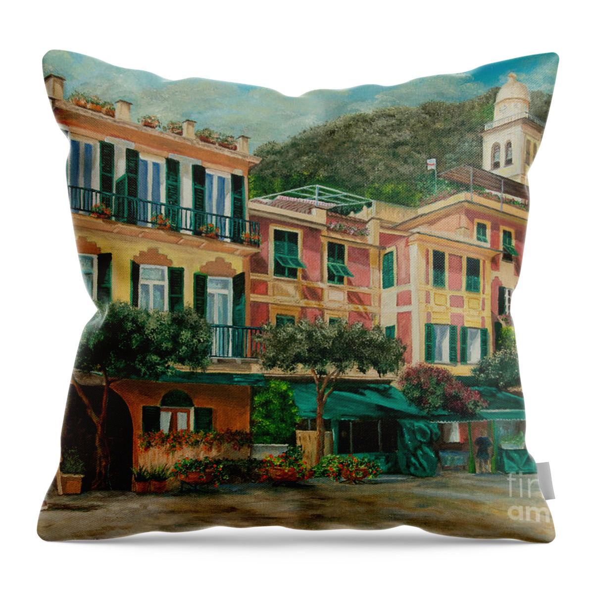 Portofino Italy Art Throw Pillow featuring the painting A Day in Portofino by Charlotte Blanchard