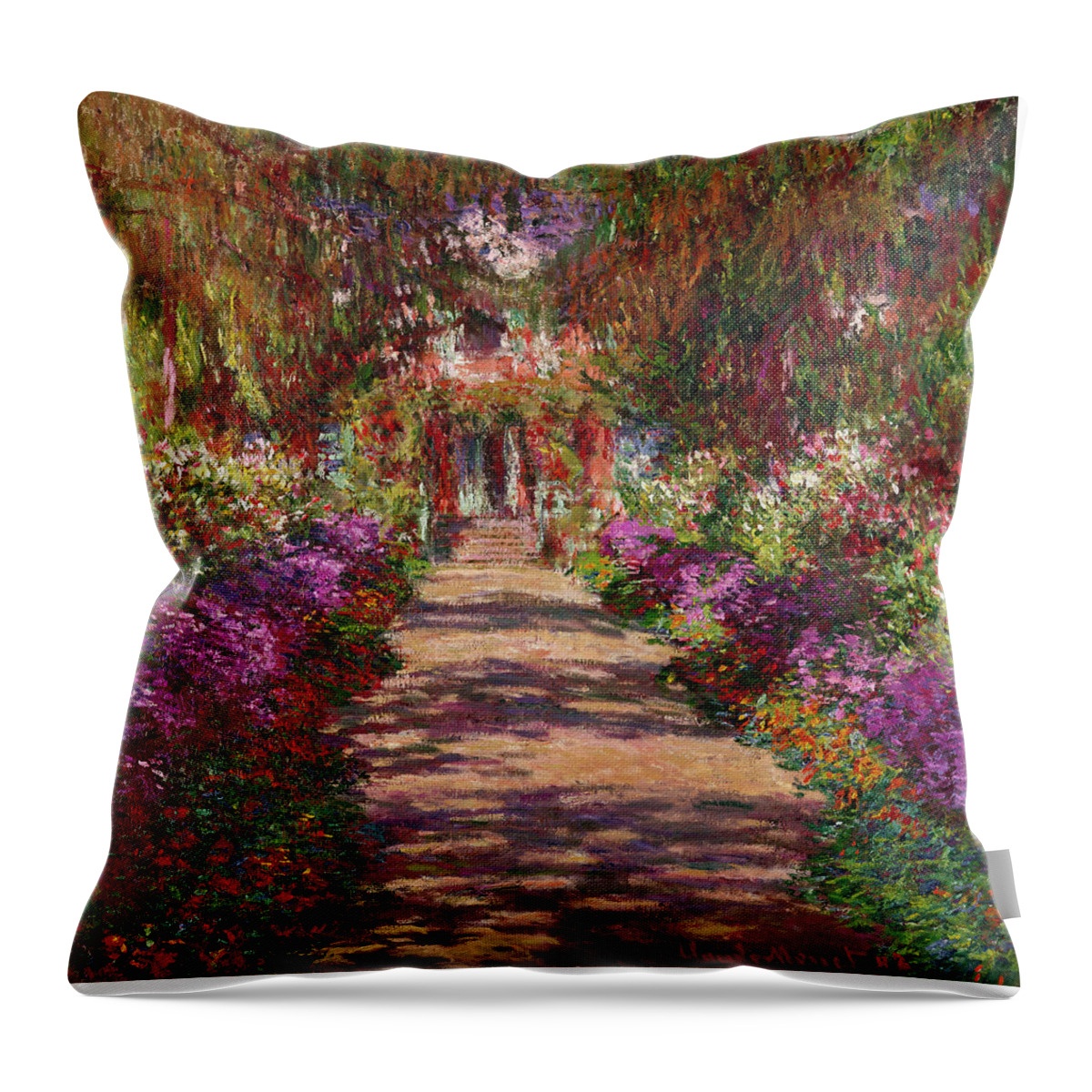 Pathway Throw Pillow featuring the painting A Pathway in Monets Garden Giverny by Claude Monet