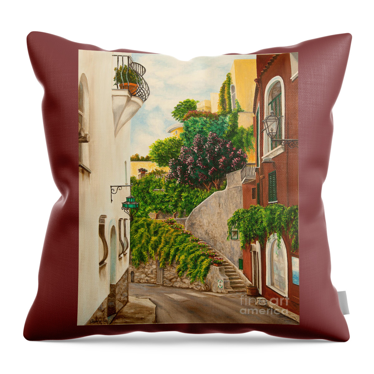 Italy Street Painting Throw Pillow featuring the painting A Street in Positano by Charlotte Blanchard