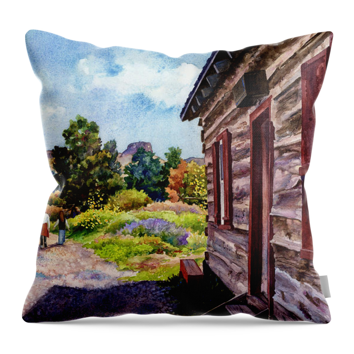 Log Cabin Painting Throw Pillow featuring the painting A Stroll Through Time by Anne Gifford