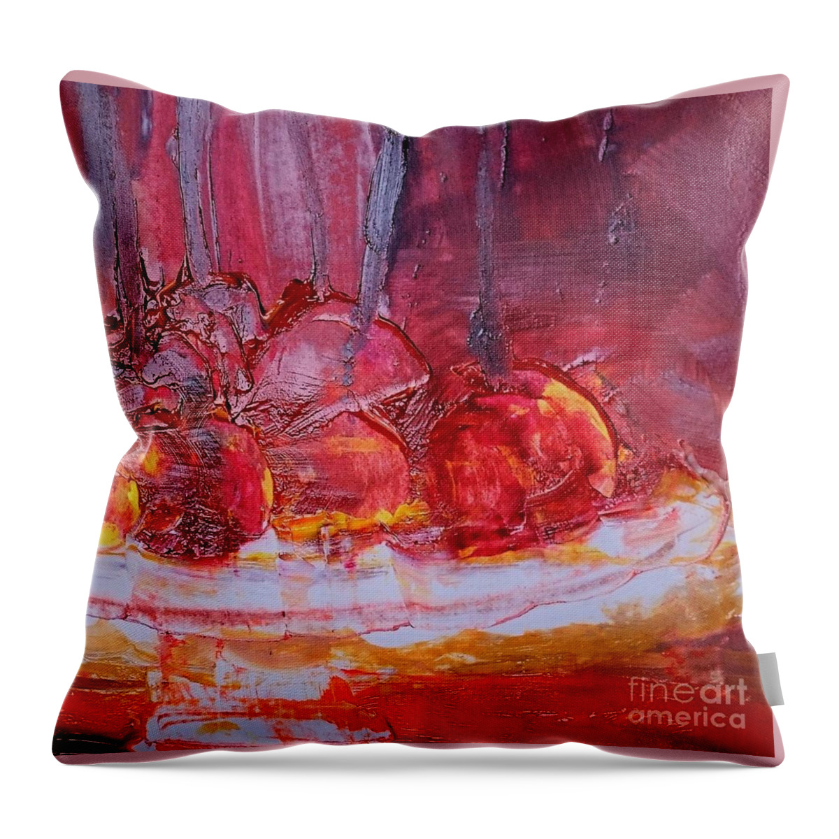 Abstract Throw Pillow featuring the painting Abstract Apples On Cake Plate Painting by Lisa Kaiser