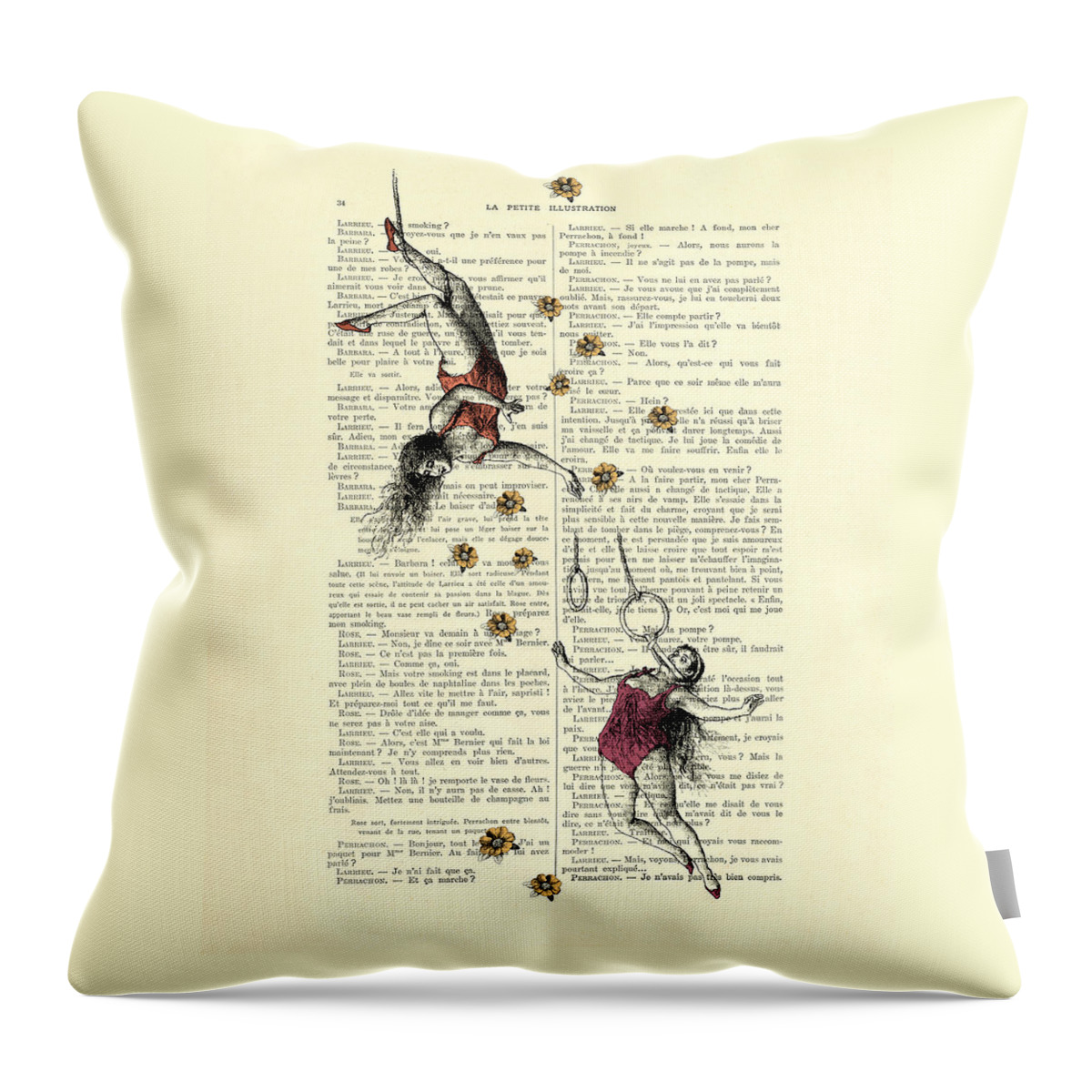 Acrobatics Throw Pillow featuring the digital art Acrobatics Women Circusact Vintage Illustration On Book Page by Madame Memento