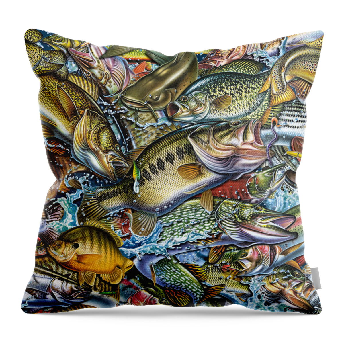 Jon Q Wright Throw Pillow featuring the painting Action Fish Collage by JQ Licensing