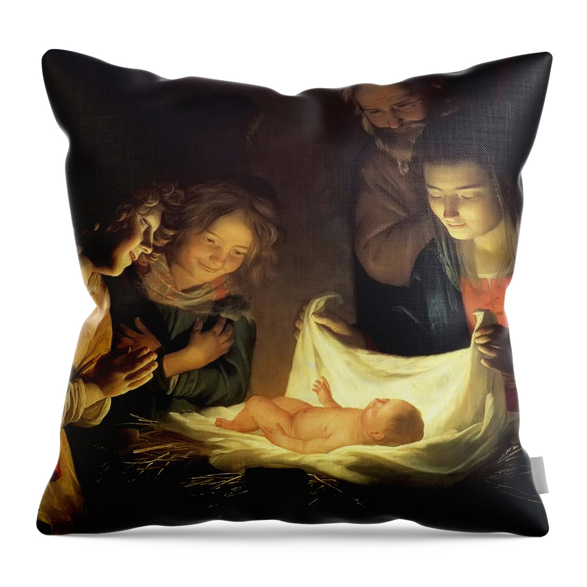 Nativity Throw Pillow featuring the painting Adoration of the Child by Gerrit van Honthorst
