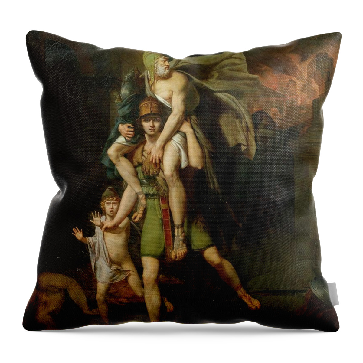 Brocas Throw Pillow featuring the painting Aeneas fleeing with his father by MotionAge Designs