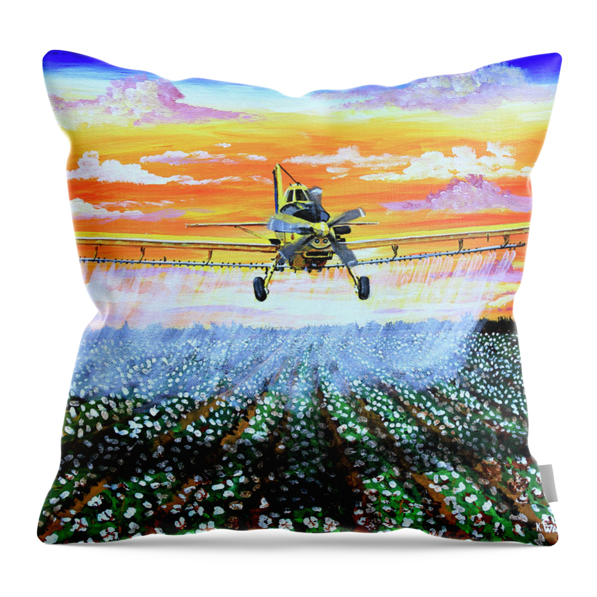 Air Tractor Throw Pillow featuring the painting Air Tractor at Sunset Over Cotton by Karl Wagner
