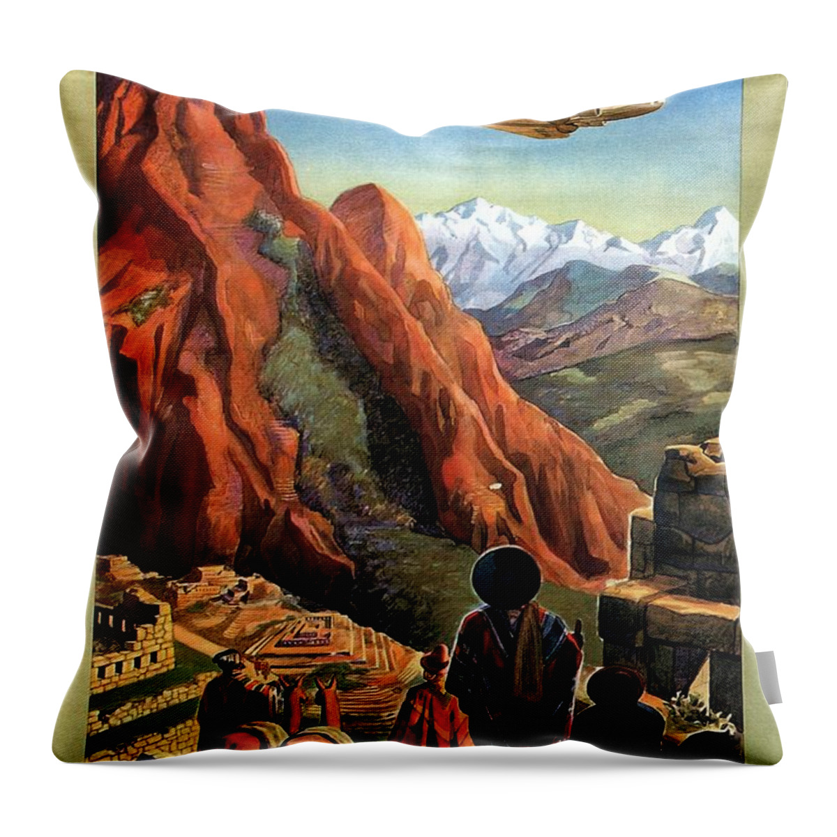 Airplane Flying Over The Mountains Throw Pillow featuring the painting Airplane flying ove the mountains in South America - Incas - Vintage Illustrated Poster by Studio Grafiikka