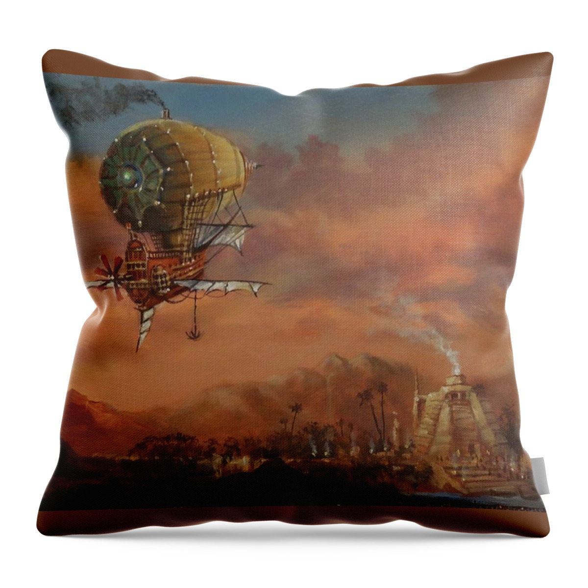 : Atlantis Throw Pillow featuring the painting Airship Over Atlantis Steampunk Series by Tom Shropshire