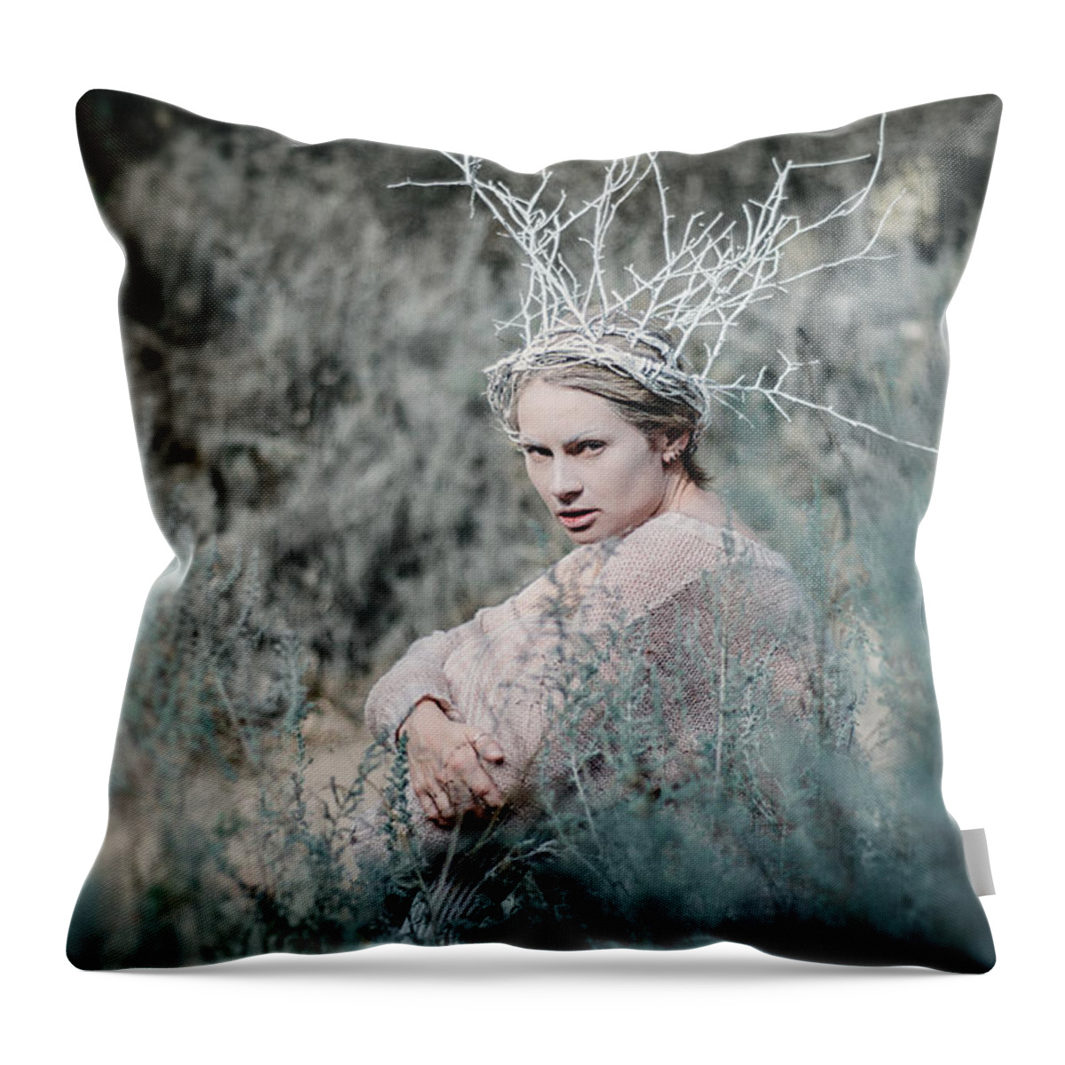 Woman Throw Pillow featuring the photograph Albino in the Forest 1. Prickle Tenderness by Inna Mosina