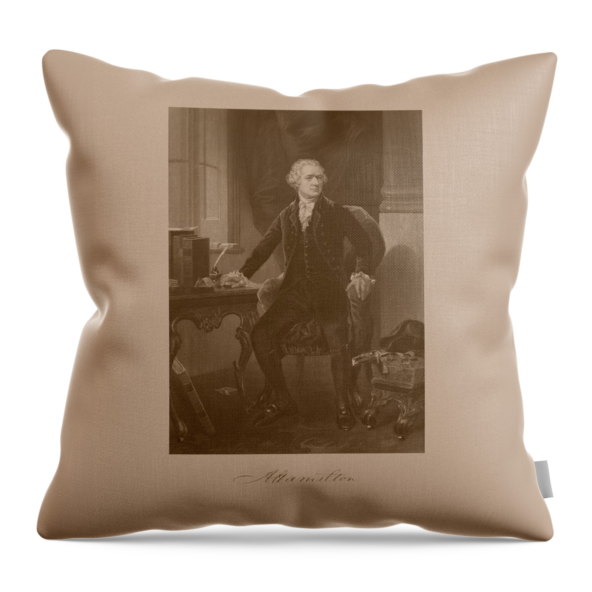 Alexander Hamilton Throw Pillow featuring the mixed media Alexander Hamilton Sitting At His Desk by War Is Hell Store