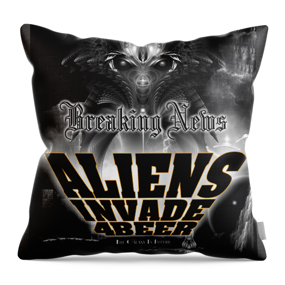 Aliens Throw Pillow featuring the digital art Aliens Invade 4 Beer Galaxy Attack by Rolando Burbon