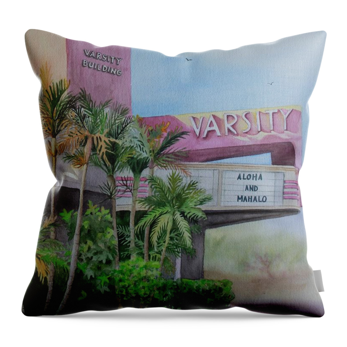 Hawaii Throw Pillow featuring the painting Aloha Varsity Theater by Kelly Miyuki Kimura
