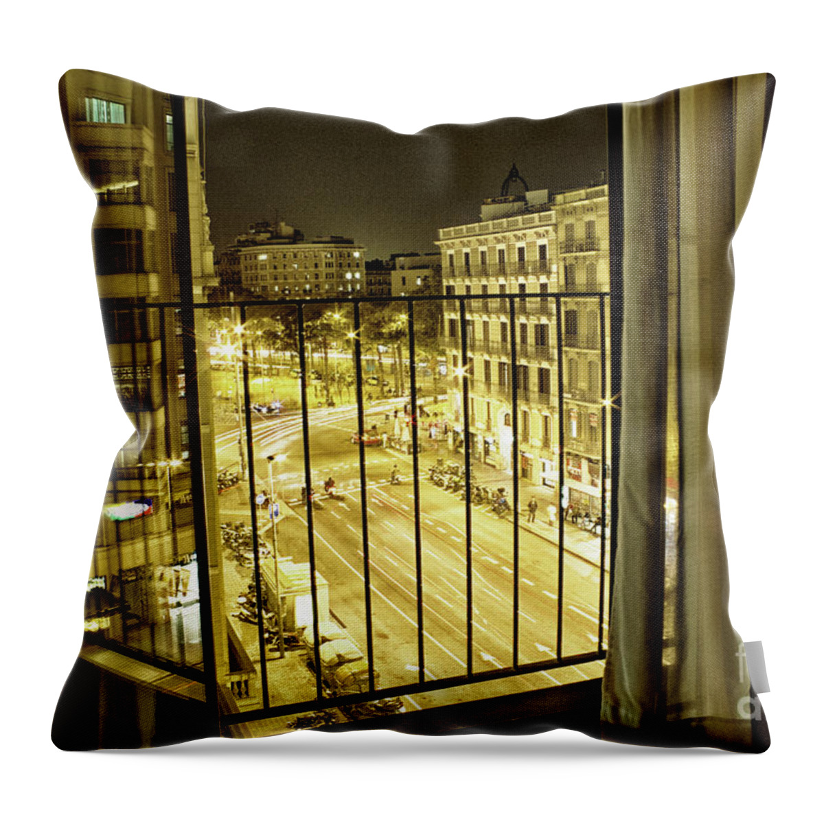 Cityscape Throw Pillow featuring the photograph Alone at Midnight in Barcelona by Becqi Sherman