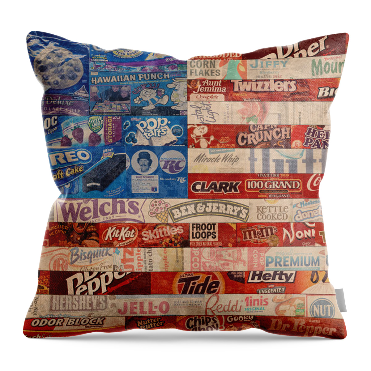 Flag Throw Pillow featuring the mixed media American Flag - Made From Vintage Recycled Pop Culture USA Paper Product Wrappers by Design Turnpike