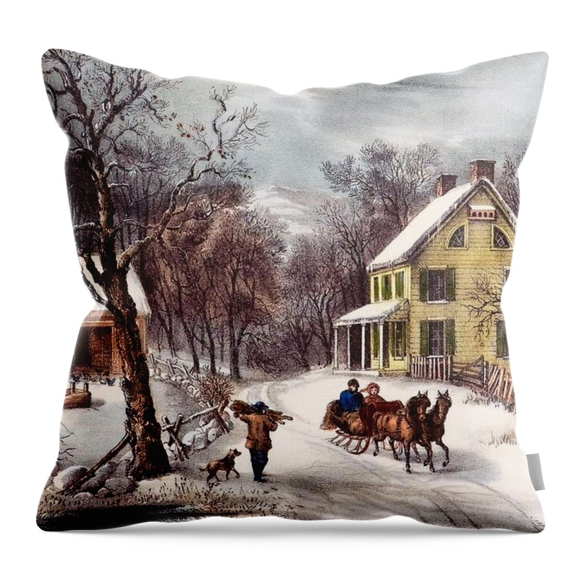 Winter Scene Throw Pillow featuring the painting American Homestead by Currier and Ives
