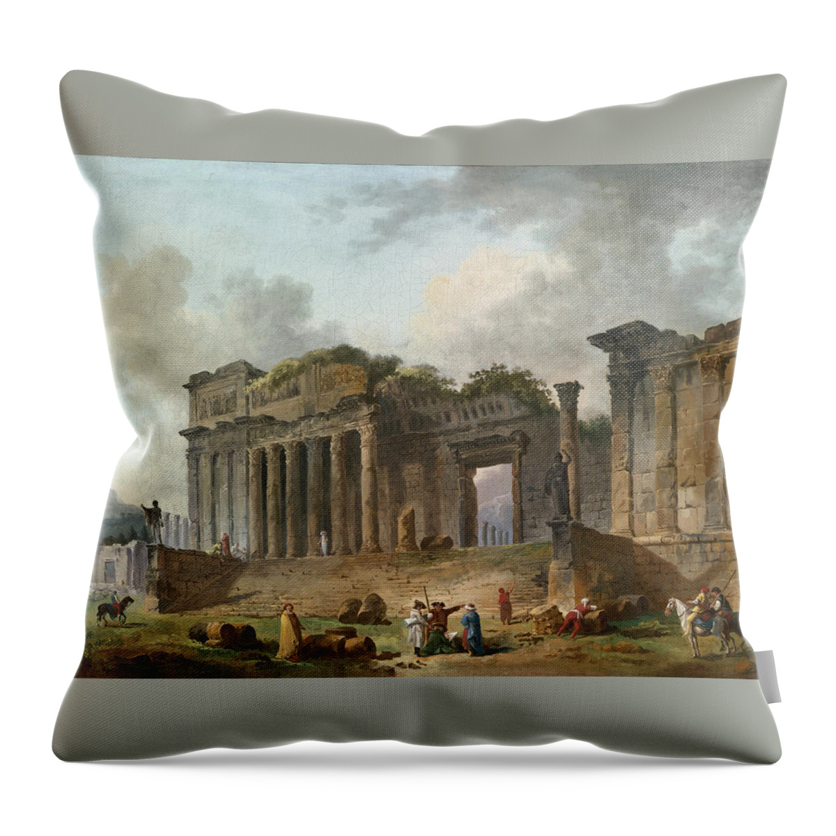 Hubert Robert Throw Pillow featuring the painting An Architectural Capriccio with an Artist Sketching in the Foreground by Hubert Robert