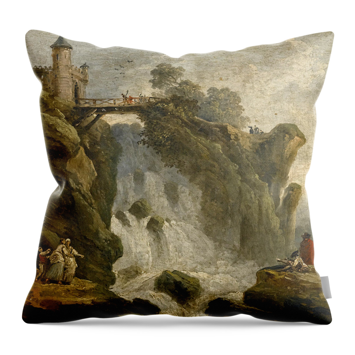 Hubert Robert Throw Pillow featuring the painting An Artist sketching with other Figures beneath a Waterfall by Hubert Robert