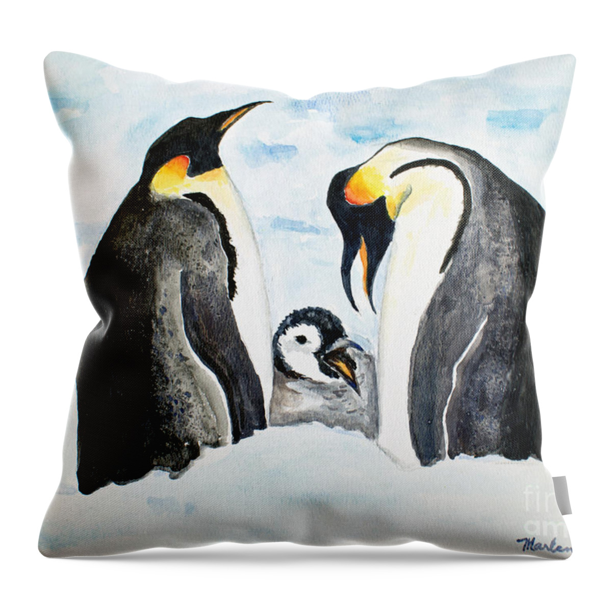 Penguin Throw Pillow featuring the painting And Baby Makes Three by Marlene Schwartz Massey