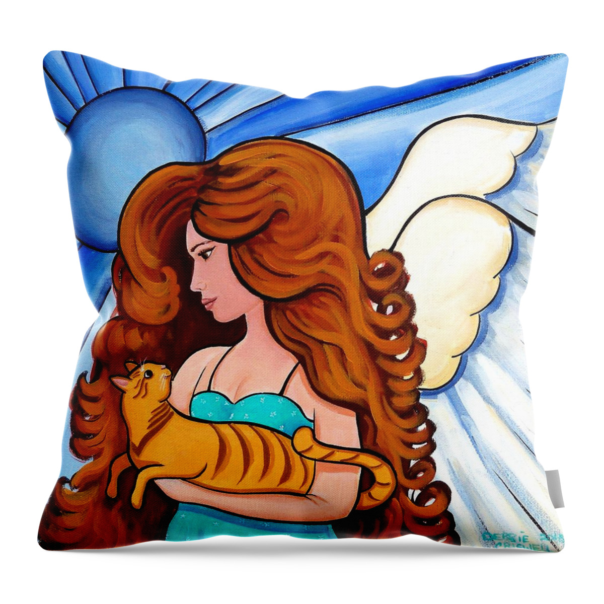 Angel Throw Pillow featuring the painting Angels Arms - cat angel portrait by Debbie Criswell