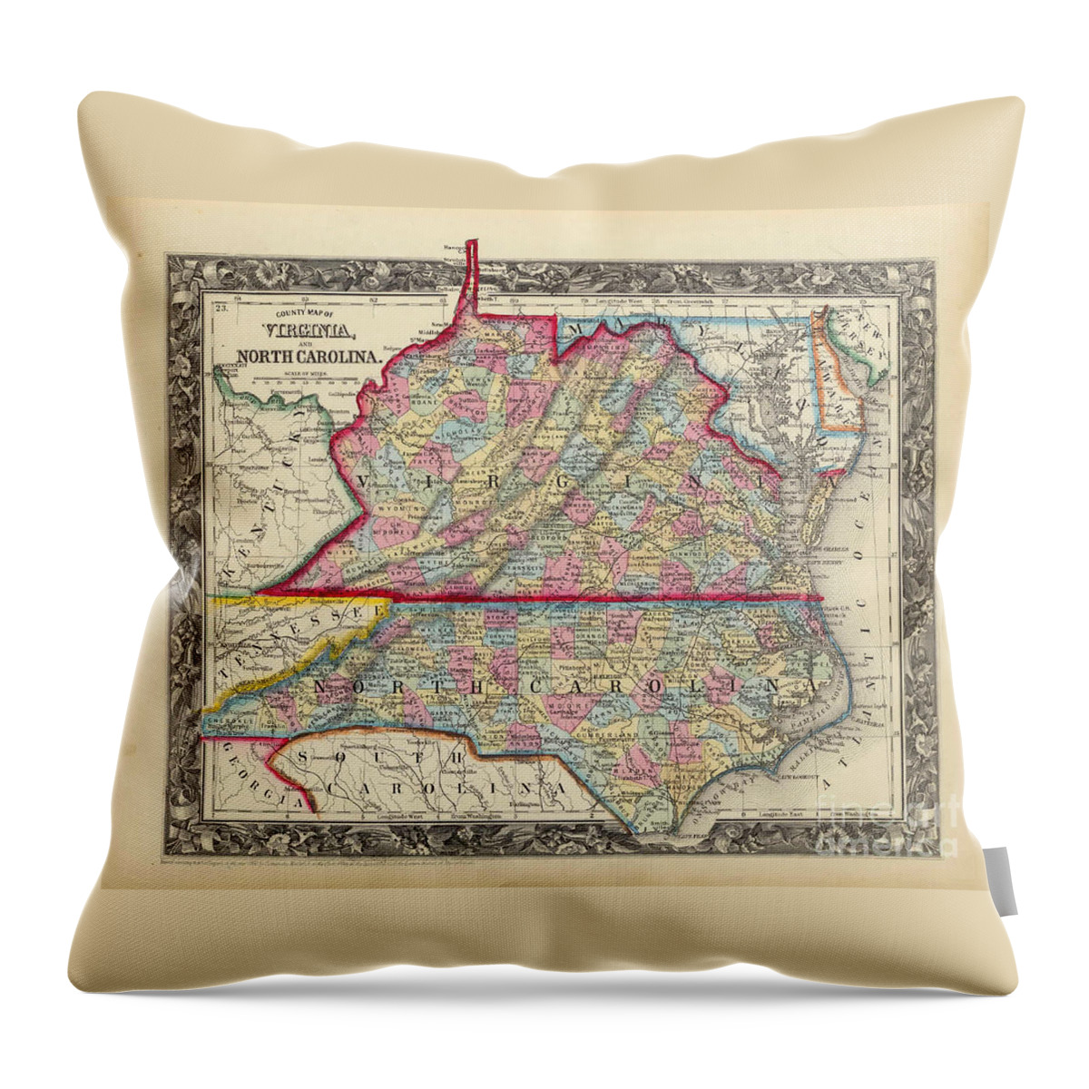 Antique Map Of Virginia Throw Pillow featuring the painting Antique Map Of Virginia by MotionAge Designs