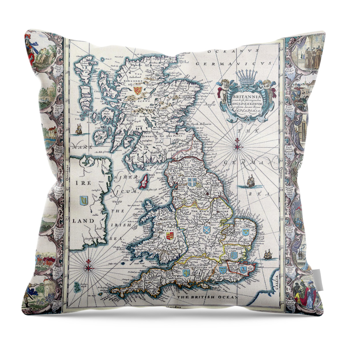 Antique Map Of British Isles Throw Pillow featuring the drawing Antique Maps - Old Cartographic maps - Antique Anglo Saxon Map of The British Isles, 1676 by Studio Grafiikka