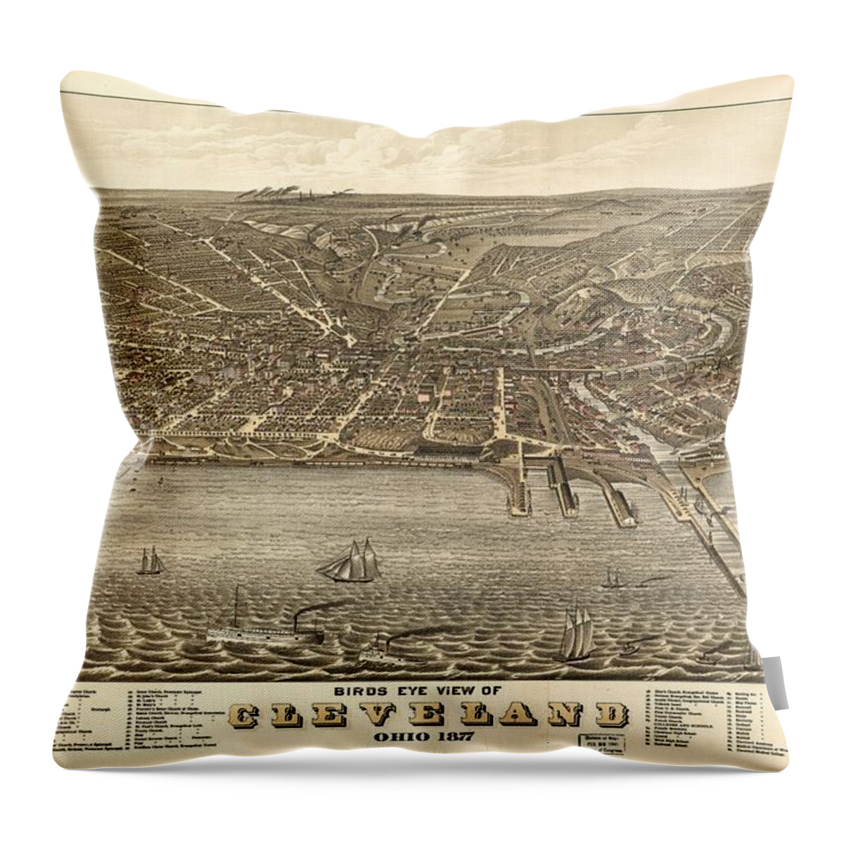Antique Birds Eye View Map Of Cleveland Throw Pillow featuring the drawing Antique Maps - Old Cartographic maps - Antique Birds Eye View Map of Cleveland, Ohio, 1877 by Studio Grafiikka