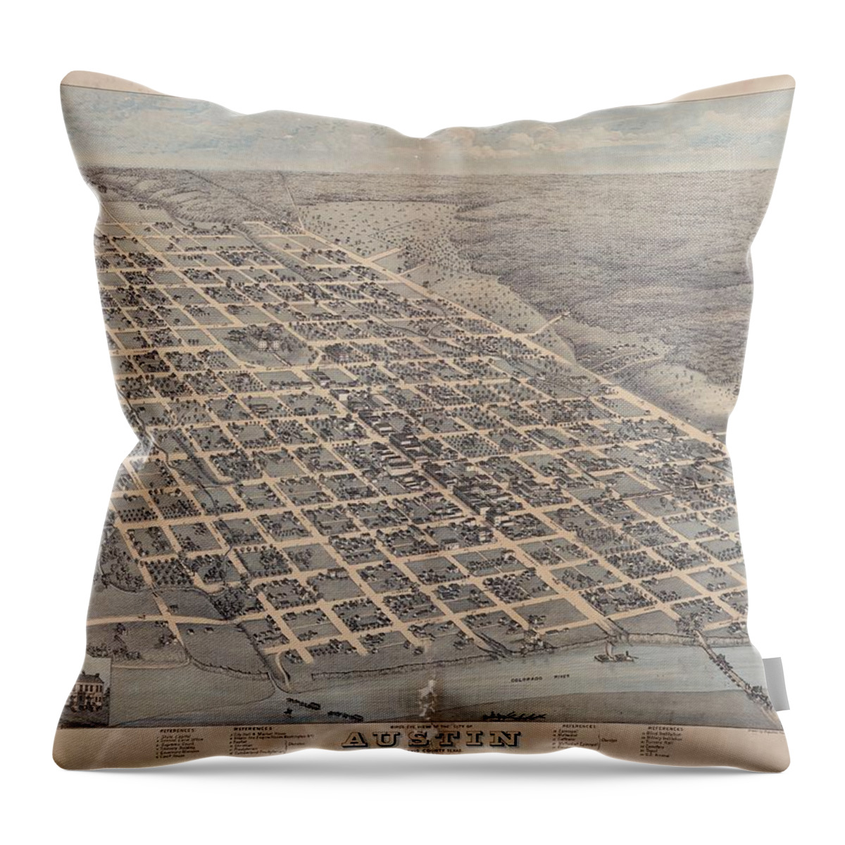 Antique Birds Eye View Map Of Austin Throw Pillow featuring the drawing Antique Maps - Old Cartographic maps - Antique Birds Eye View Map Of The City Of Austin, Texas, 1873 by Studio Grafiikka