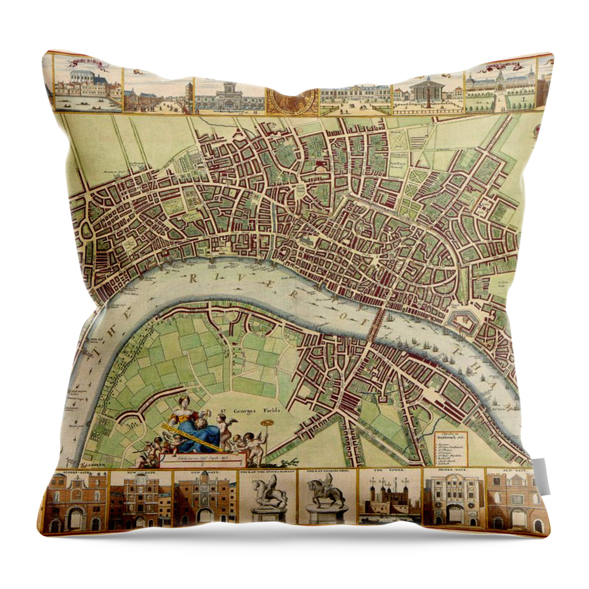 Antique Map Of London Throw Pillow featuring the drawing Antique Maps - Old Cartographic maps - Antique Map of London by Studio Grafiikka