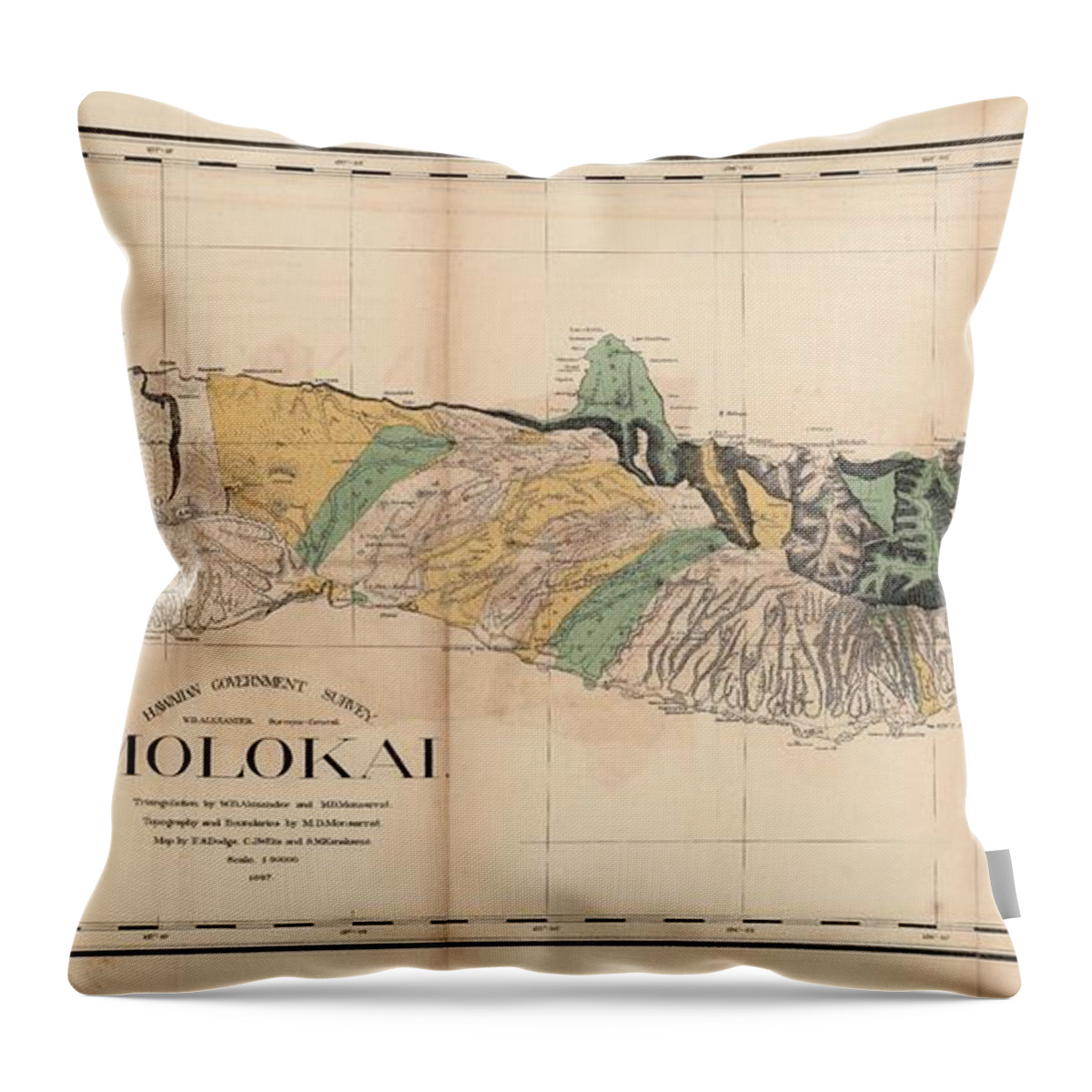 Antique Map Of Molokai Throw Pillow featuring the drawing Antique Maps - Old Cartographic maps - Antique Map of Molokai, Hawaiian Island, 1897 by Studio Grafiikka