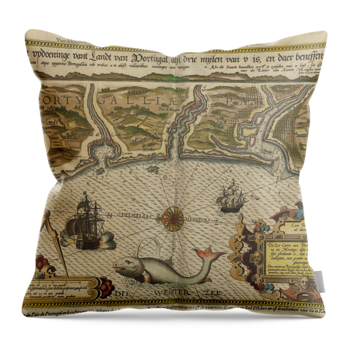 Antique Map Of Portugal Throw Pillow featuring the drawing Antique Maps - Old Cartographic maps - Antique Map of Portugal - Portuguese Coast by Studio Grafiikka