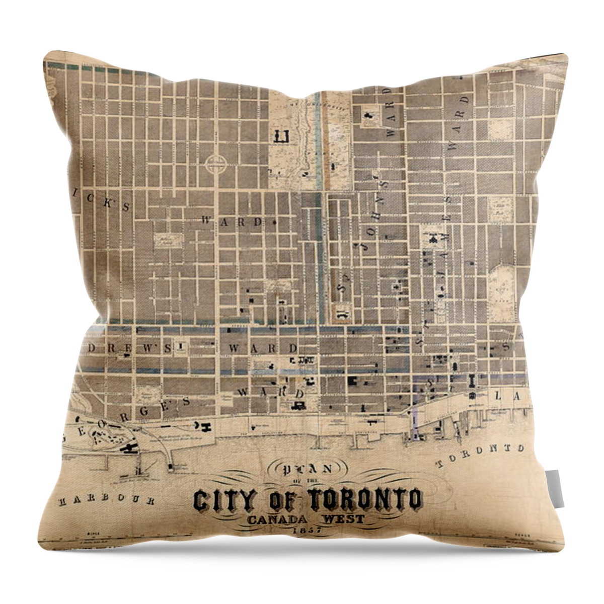 Antique Map Of The City Of Totonto Throw Pillow featuring the drawing Antique Maps - Old Cartographic maps - Antique Map of the City of Toronto, Canada, 1857 by Studio Grafiikka