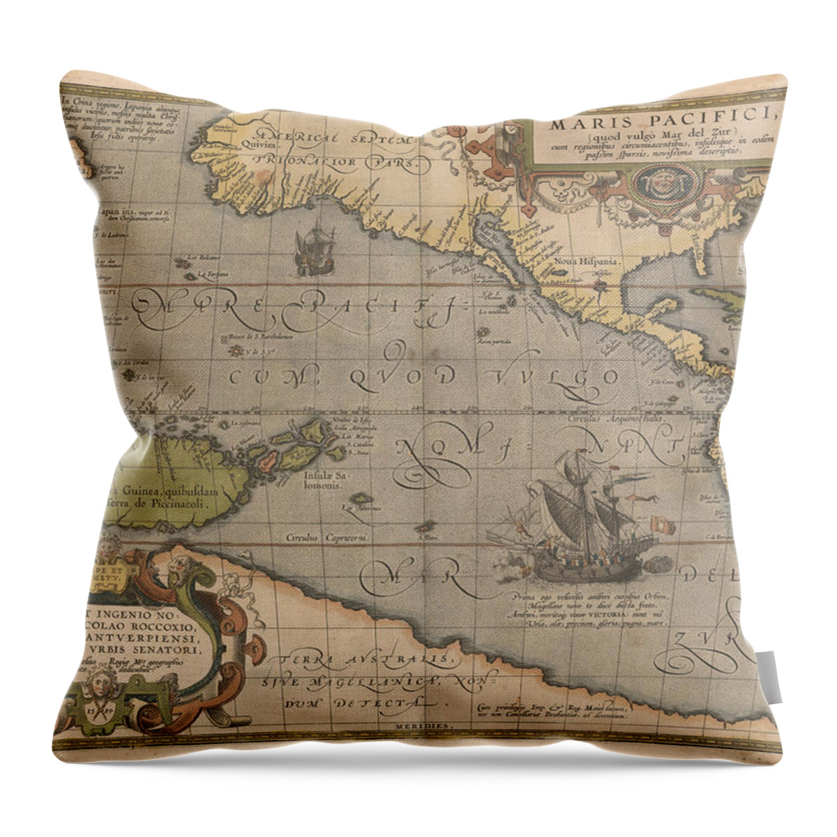 Antique Map Of The Pacific Ocean Throw Pillow featuring the drawing Antique Maps - Old Cartographic maps - Antique Map of the Pacific Ocean - Mar Del Zur, 1589 by Studio Grafiikka