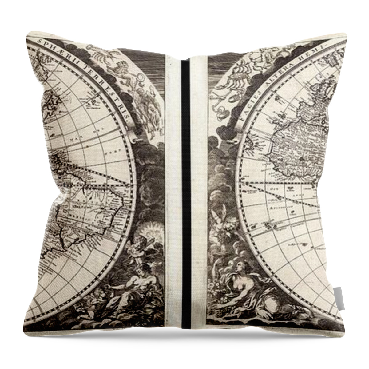 Antique Map Of The World Throw Pillow featuring the drawing Antique Maps - Old Cartographic maps - Antique Map of the World in Two Hemispheres, 1696 by Studio Grafiikka