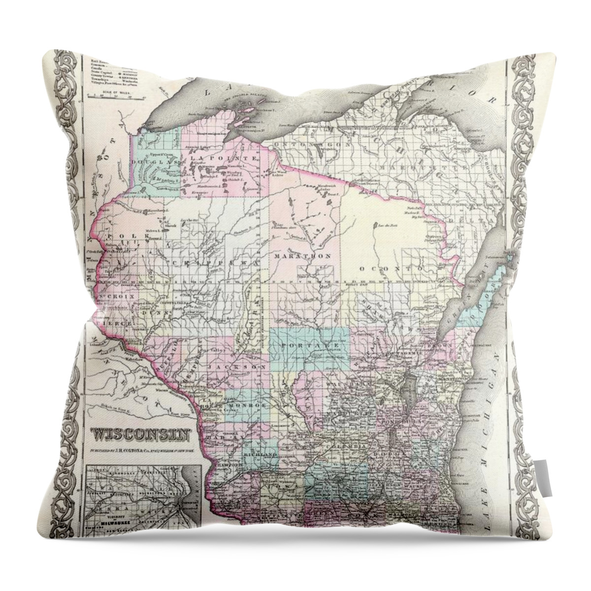 Antique Map Of Wisconsin Throw Pillow featuring the drawing Antique Maps - Old Cartographic maps - Antique Map of Wisconsin, 1855 by Studio Grafiikka
