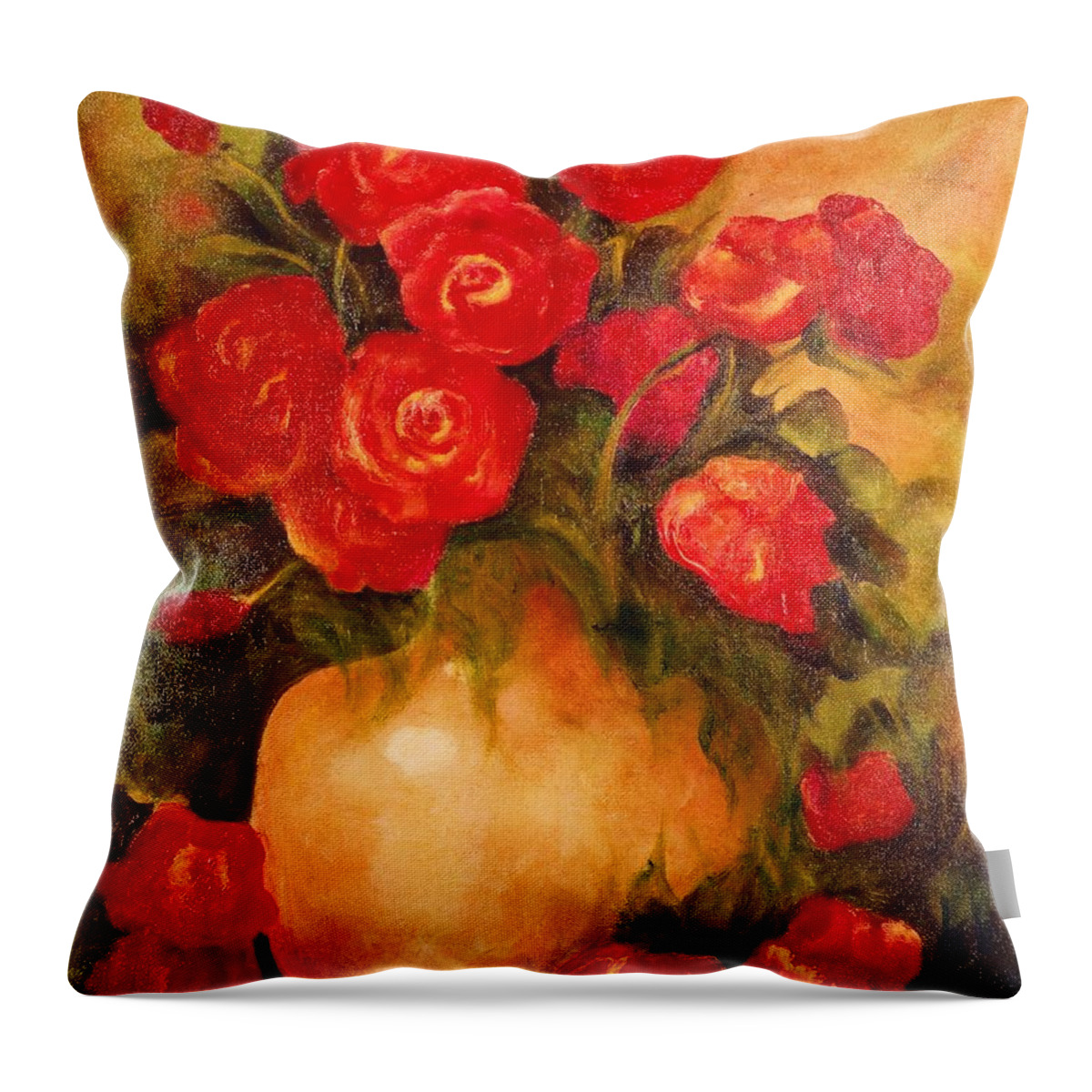 Red Roses In Vase Throw Pillow featuring the painting Antique Red Roses by Jordana Sands
