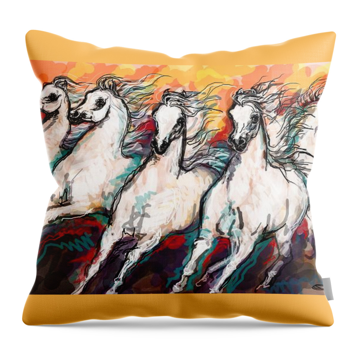 Arabian Horses Throw Pillow featuring the digital art Arabian Sunset Horses by Stacey Mayer