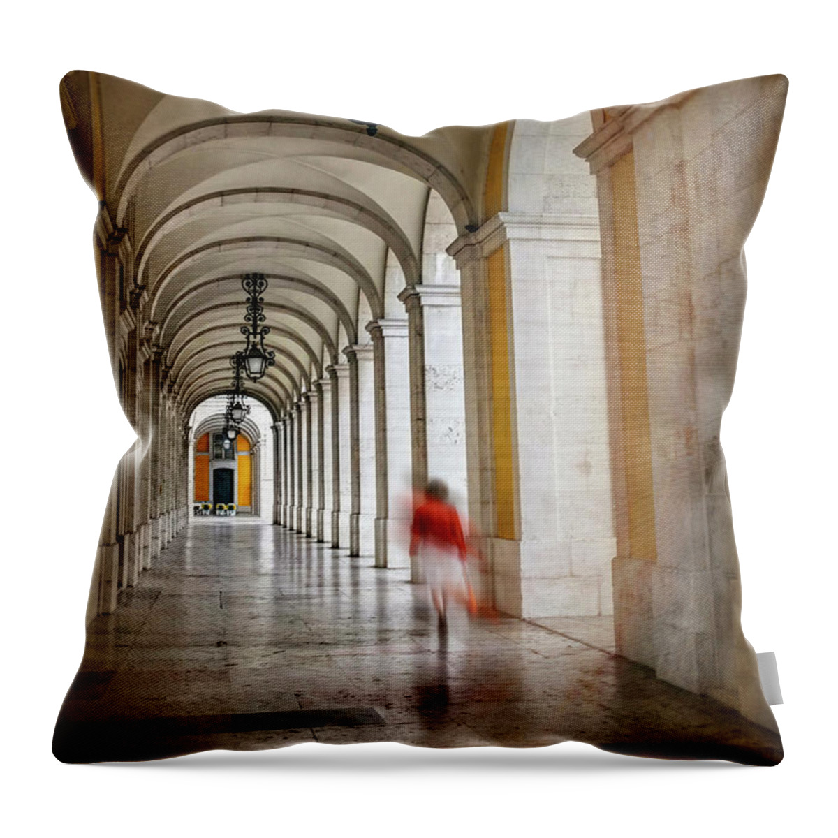 Lisbon Throw Pillow featuring the photograph Arched Walkway Terreiro do Paco Lisbon Portugal by Carol Japp