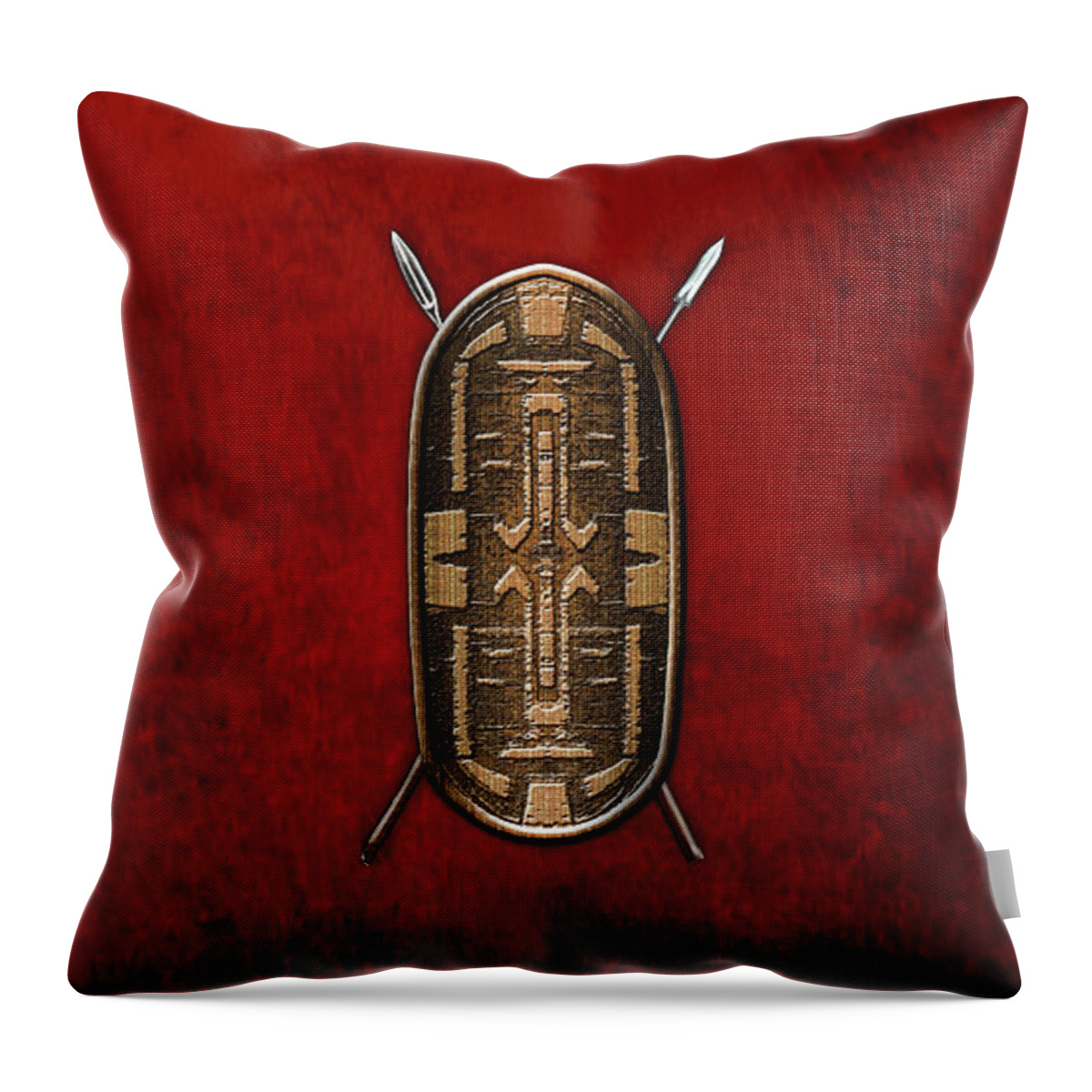 'war Shields' Collection By Serge Averbukh Throw Pillow featuring the digital art Zande War Shield with Spears on Red Velvet by Serge Averbukh