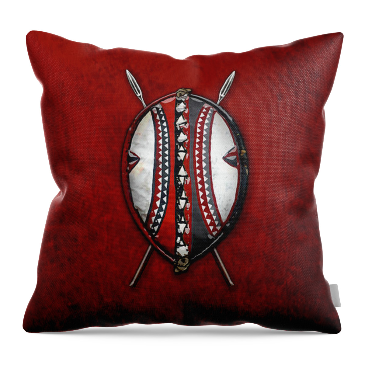 'war Shields' Collection By Serge Averbukh Throw Pillow featuring the digital art Maasai War Shield with Spears on Red Velvet by Serge Averbukh