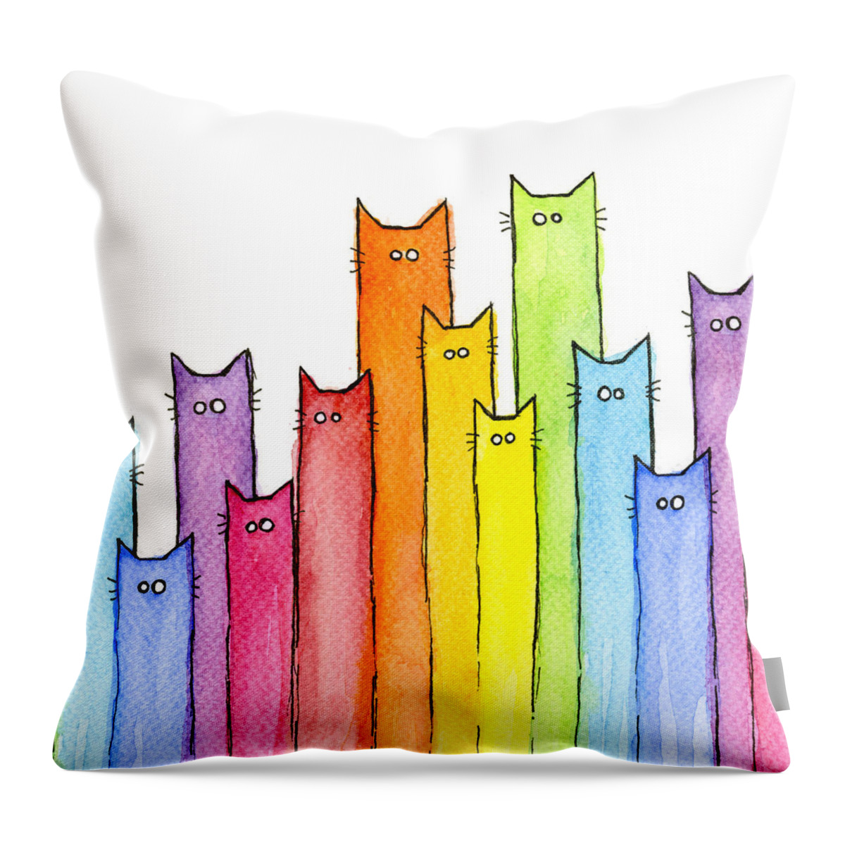 Watercolor Throw Pillow featuring the painting Rainbow of Cats by Olga Shvartsur