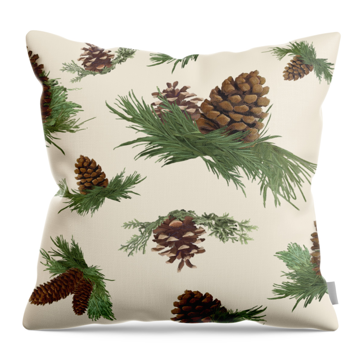 Pine Cones Throw Pillow featuring the painting Mountain Lodge Cabin in the Forest - Home Decor Pine Cones by Audrey Jeanne Roberts