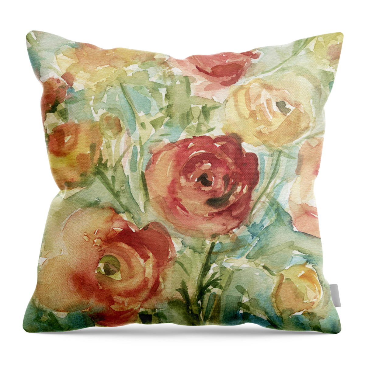 Floral Throw Pillow featuring the painting Red Orange and Yellow Ranunculus by Beverly Brown Prints